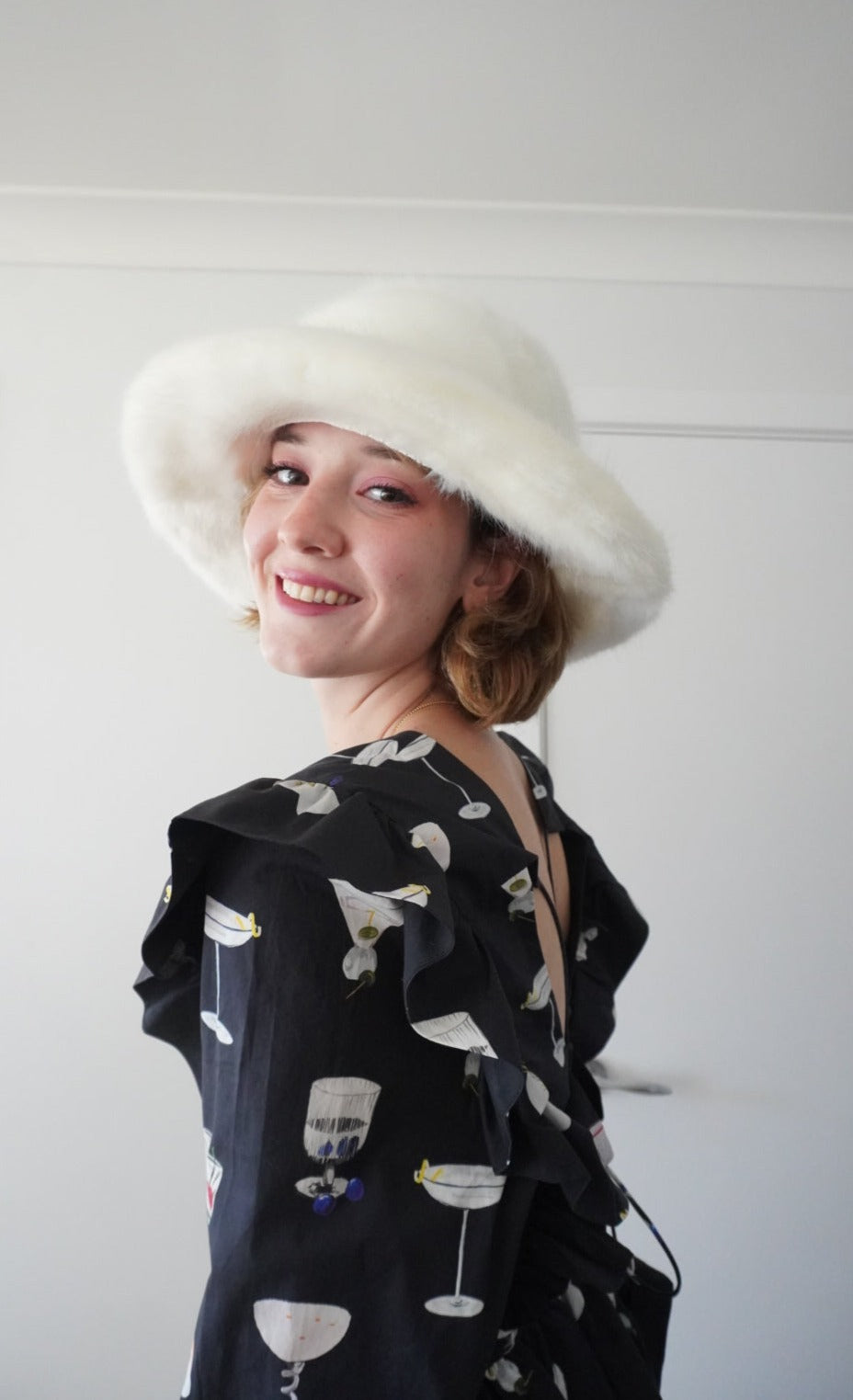 Monica White faux fur bucket hat