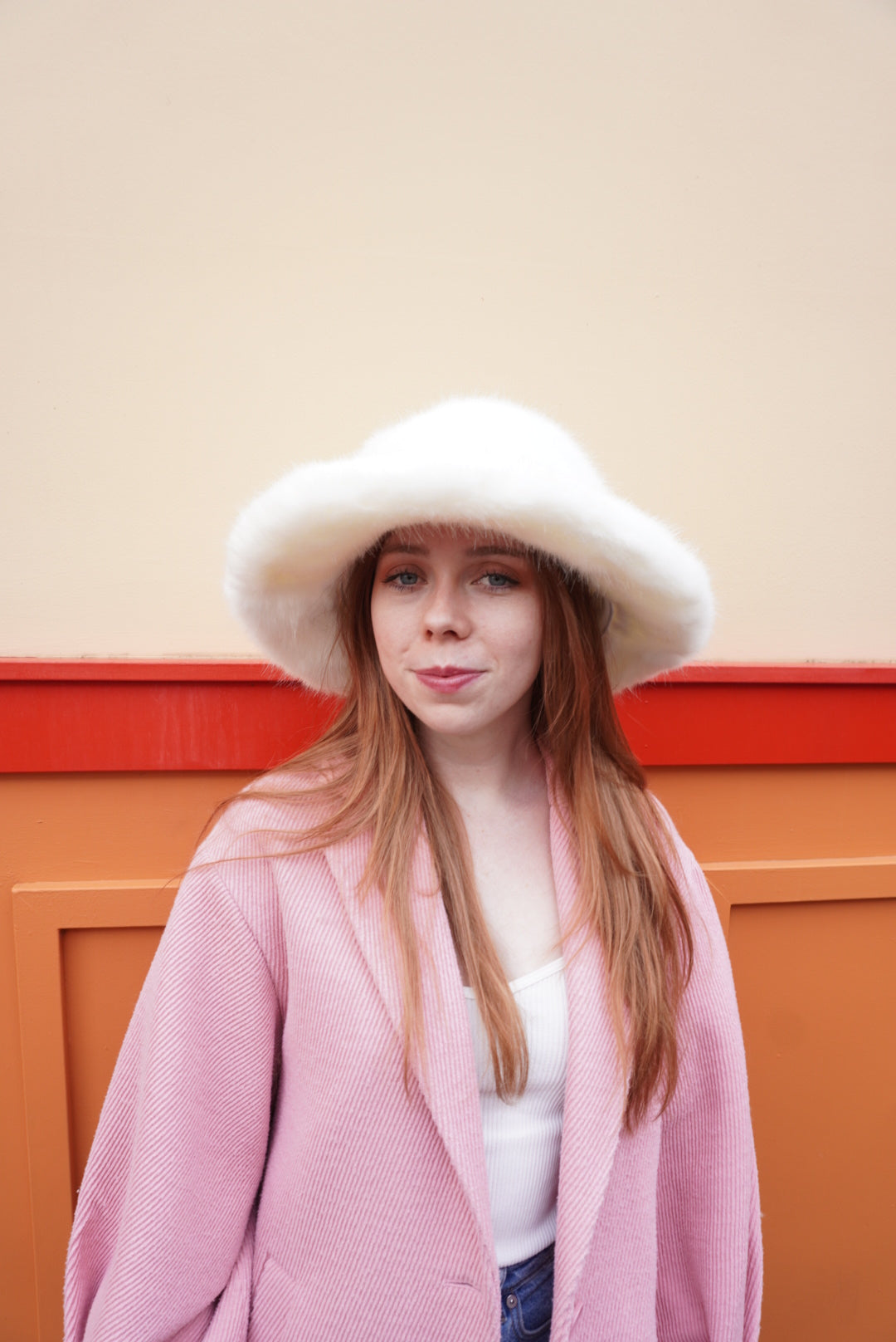 Monica White faux fur bucket hat