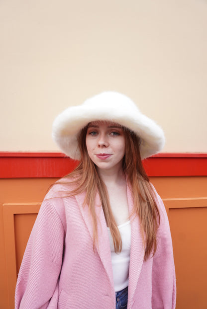 Monica White faux fur bucket hat